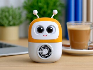 Cute Orange And White Robot Companion With Large Eyes And Antennae Sitting On A Wooden Desk With Coffee And Laptop