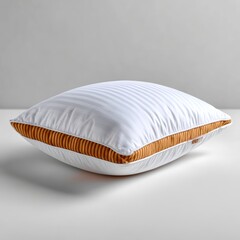 Comfortable White Striped Pillow with Golden Brown Border and Soft Filling Studio Shot