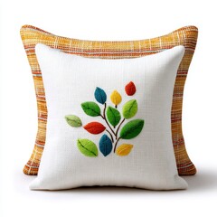 Two Decorative Throw Pillows One White With Embroidered Leaves One Textured Gold With White Background Studio Lighting