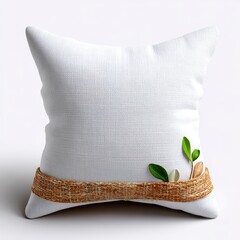 White Textured Square Pillow With Natural Woven Band Accent And Green Leaves On White Background