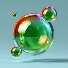 Iridescent Soap Bubbles Floating In Air With Soft Light And Reflections On A Light Blue Background