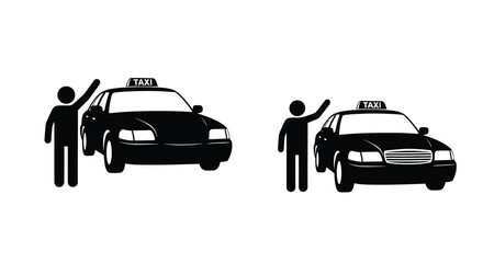 Two taxi vehicles with hailing passengers depicted in a dark silhouette © RASHIDA