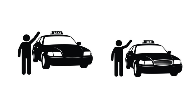 Two taxi vehicles with hailing passengers depicted in a dark silhouette