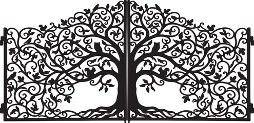 Wrought iron 'Tree of Life' garden gate, twisting branches forming symmetrical patterns, black metal silhouette, high contrast, elegant and detailed, white background