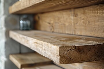Empty wooden shelves with natural grain and texture, creating a rustic and minimalist aesthetic in interior design