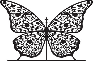 Elegant garden gate where the ironwork forms the shape of giant butterfly wings, intricate floral patterns inside the wings, black metal silhouette, white background