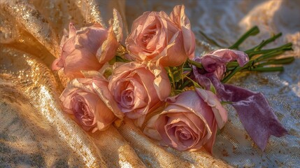 A close up view of a bouquet of pastel pink roses