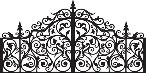 Elegant wrought iron silhouette of a Victorian garden gate, intricate floral curls, symmetrical design, black metal, high contrast on white background.