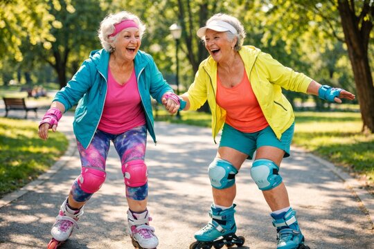 Two elderly female friends roller skating on smooth park path, wearing bright sportswear and laughing. lively positive everyday atmosphere, active senior lifestyle and motivating moment of friendship