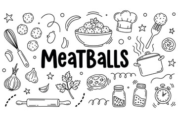 Meatballs and cooking elements in hand-drawn doodle style