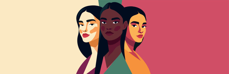 Vibrant abstract vector banner for International Women's Day, March 8. Women of different cultures, skin colors, nationalities united. Movement for freedom, unity, gender equality, women's empowerment
