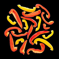 Vibrant red and yellow bell pepper slices floating in air