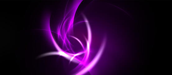 Naklejka premium Abstract purple energy flows, curves, swirls. Dark background emphasizes bright luminescence, creating dynamic visual effect.