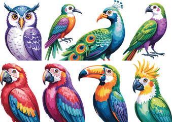 Obraz premium Colorful tropical bird illustrations set, exotic parrot, toucan, peacock and owl characters, vibrant wildlife vector collection