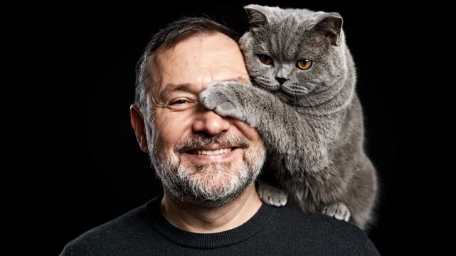Man with grey cat on shoulder, cat initially looks at camera, then covers mans eye with paw teasingly