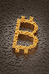 Bitcoin symbol formed with golden cubes on a dark background. 3d illustration.