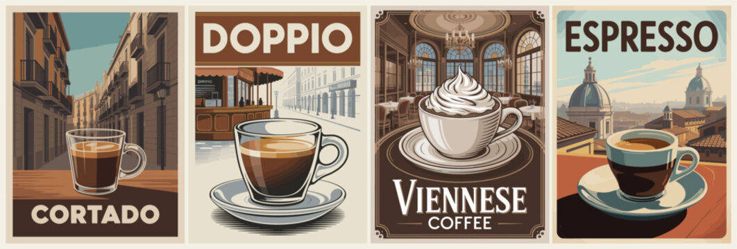 Retro-style coffee poster series featuring Cortado, Doppio, Viennese Coffee, and Espresso with European caf&eacute; scenes, elegant interiors, and detailed illustrations.