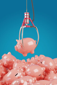 Claw machine catching a piggy bank on blue background. Concept of financial success. 3d illustration.