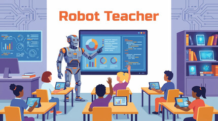 Naklejka premium robot teaching students in a smart digital classroom cartoon vector illustration, ideal for education and e learning concepts