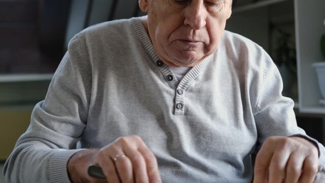 Happy senior man eating a scramble on a white plate with vegetables. Elderly male using knife and fork to cutting meal, has a breakfast. Balanced diet, cooking, culinary. Food concept. Old person