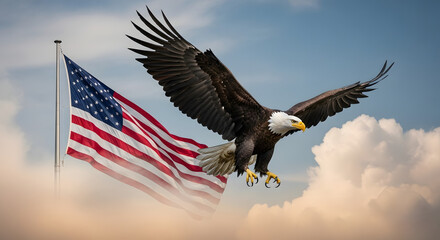 Obraz premium A majestic bald eagle soaring through the sky with the American flag waving in the background