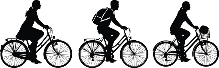 Obraz premium Black, silhouettes, of, people, riding, bicycles, featuring, urban, commuters, with, backpacks, and, baskets, for, city, transport, cycling, and, lifestyle, designs