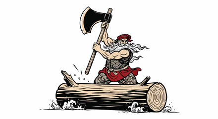 Dynamic illustration of a powerful bearded man, resembling a Viking or lumberjack, vigorously chopping a large log with a heavy axe, creating splashes. © wiwa