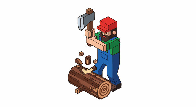 Isometric voxel art illustration of a strong lumberjack in a red cap and overalls, chopping a large log with an axe, creating wood chips.