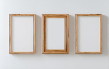 Three empty wooden frames of varying sizes hanging on a clean white wall