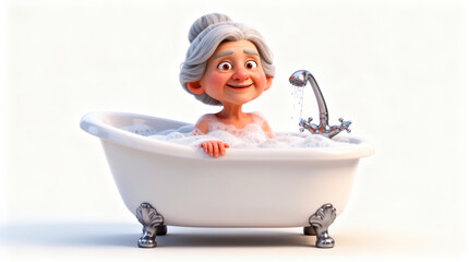 Naklejka premium Cheerful elderly woman enjoying a relaxing bath in a white claw-foot tub, cartoon style illustration promoting senior wellness and comfort