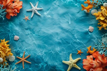 Fototapeta premium Marine decoration creating a frame around a rippled turquoise water surface, ideal for summer and travel themes
