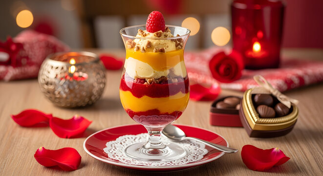 Valentine's Day layered fruit parfait dessert with raspberries, mango, and whipped cream in a romantic candlelit setting