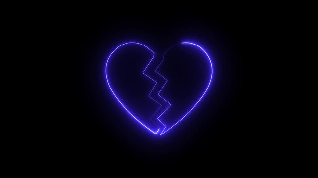 Glowing blue neon broken heart shape on black background with electric light effect for love, emotion, and relationship concepts