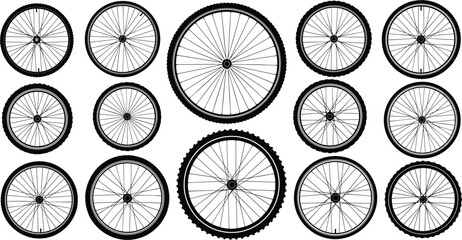 Collection of bicycle wheel silhouettes with different tire treads and spoke patterns, isolated on white background for vector graphic design projects.