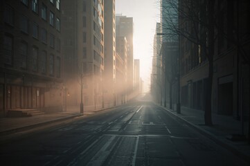 Obraz premium Quiet city street at dawn with misty calm and cinematic urban atmosphere