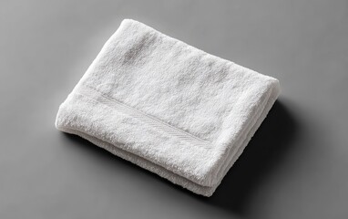 A folded white terry cloth towel, rectangular, resting diagonally on a gray, flat surface
