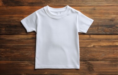 Plain white infant tee laid flat on rich brown wooden surface, capturing its simplicity