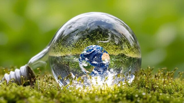 innovative environmental awareness concept with a glass light bulb containing the earth reflecting green landscapes emphasizing