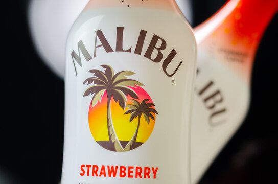 LONDON, UK - 18 JANUARY 2024 A bottle of Malibu Strawberry Rum Liqueur, made with white rum and strawberry flavour