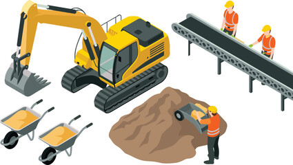 Isometric construction illustration with excavator, conveyor belt, wheelbarrows and workers handling sand, building site material processing concept, industrial vector isolated on white background