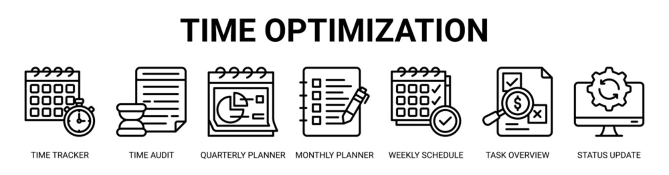 Time Optimization web banner icon vector illustration concept with icon of time tracker, time audit, quarterly planner, monthly planner, weekly schedule, task overview, and status update.