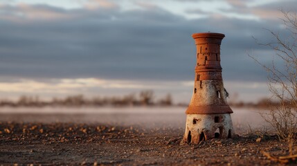A crumbling clay stove standing outdoors with a hazy background