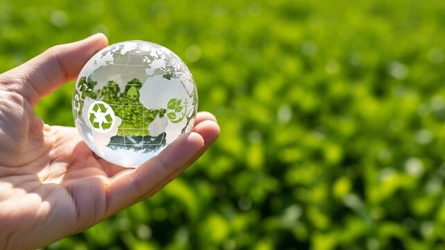 Globe with Environmental Symbols Held Against a Lush Green Background Representing Eco-Friendly Conservation Efforts