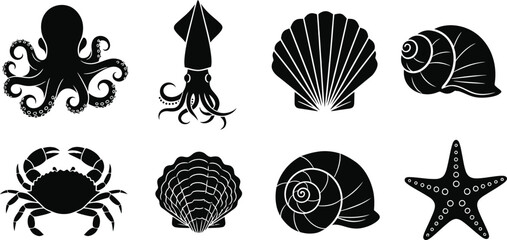 A collection of ocean creatures and shells in silhouette mode