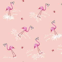 Trendy pink flamingo wearing glasses with "Let&rsquo;s do party" quote and tropical leaves on pastel background for textile print for fabric, seamless pattern