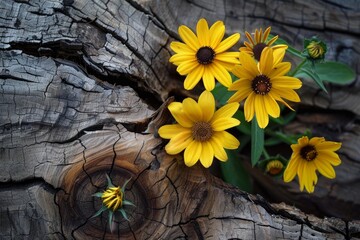 Fototapeta premium Close up of vibrant yellow flowers thriving on a weathered tree trunk, showcasing the beauty of nature's resilience