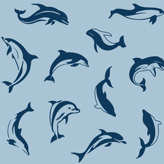 Naklejka premium Dolphin silhouette marine life for textile prints for fabric, seamless pattern on blue background