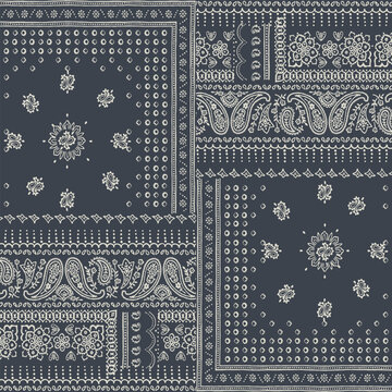 Classic paisley bandana style pattern in white on navy for textile print for fabric, seamless pattern