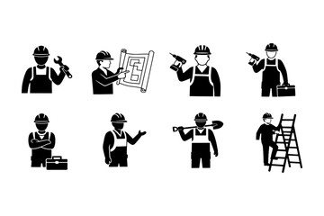 Set of Construction Worker and Handyman Icons. Collection of Repair and Building Service Vector Illustrations.