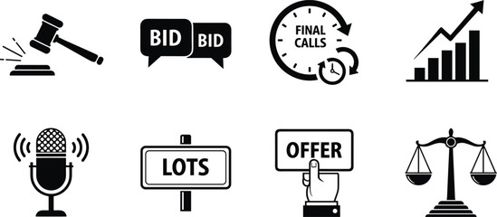 Obraz premium Auction icons, bidding symbols, gavel, final calls, offer button, fairness scale, microphone, lots sign, commerce, law, business, trade, sale, bid